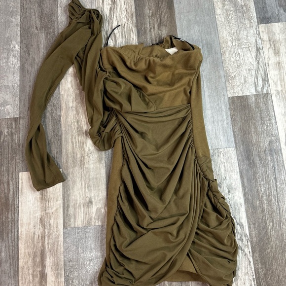 Zara Dresses & Skirts - ZARA One Shoulder Sleeve Pleated Ruffled Brown Mini Dress XS